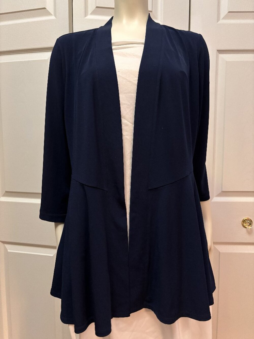 Susan Graver Navy Blue Open Front Cardigan Jacket XS Liquid Knit 3/4 Sleeve